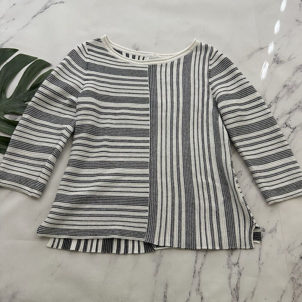 Habitat Womens Boatneck Sweater Size S White Black Mixed Stripe 3/4 Sleeve Knit